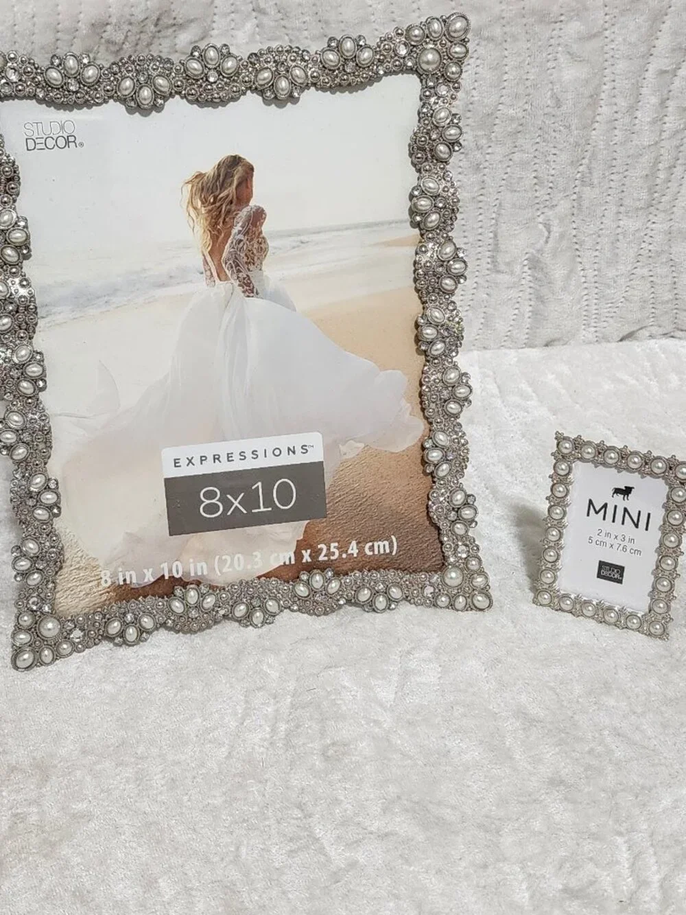Enhanced Picture Frames Set Of Two, Pearls and Rhinestone 8" x 10", and 2" x 3" - Picture 1 of 6